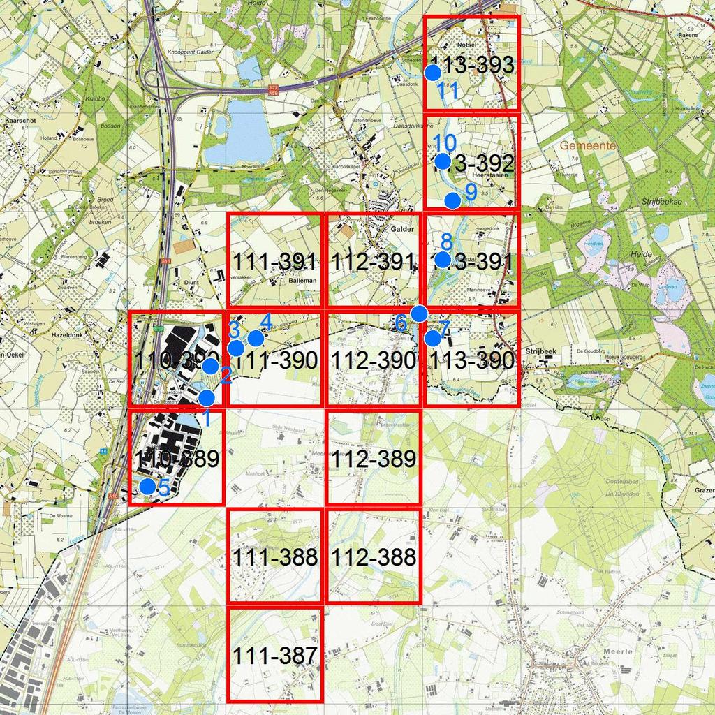 Stichting RAVON Breda In de regio Breda zijn vanuit het INVEXO-project 14 prioritaire kilometerhokken geselecteerd en 11 monsterpunten voor het edna-onderzoek (figuur 2).