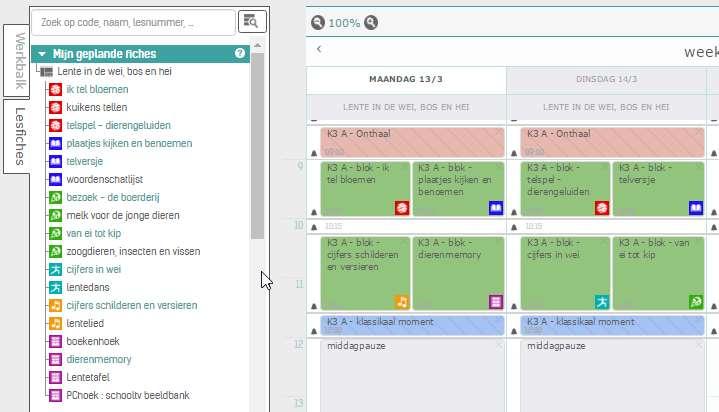 Klik op het linkse tabblad lesfiches en sleep een activiteit naar het passende lesblok in je rooster.