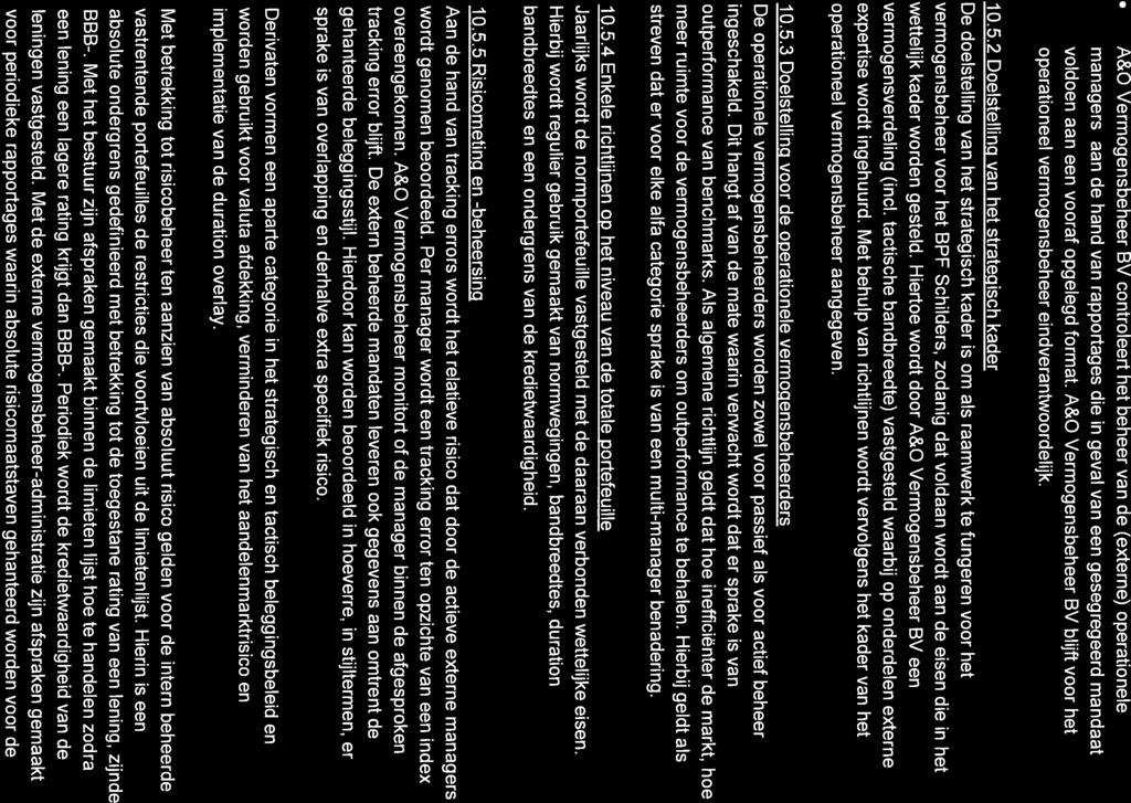 A&O Vermogensbeheer BV controleert het beheer van de (externe) operationele managers aan de hand van rapportages die in geval van een gesegregeerd mandaat voldoen aan een vooraf opgelegd format.