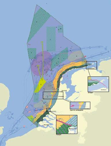 Kaart 1.De gebieden Borssele en IJmuiden (gele vlekken op de kaart) en de twee zoekgebieden: Hollandse kust en boven de waddeneilanden.