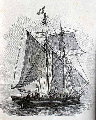 Fig. 1. Een prent van het zeilschip D.22 Fileuse bij de afvaart richting IJsland op 18 maart 1894 (Bron: L Illustration, 31 maart 1894/Depotter (2011), Onze IJslandvaarders).