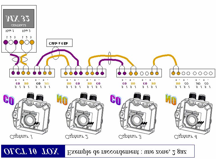 4. Aansluitschema van twee OLCT10 TOX-netwerken (maximaal 5 sensors), voor de detectie van twee verschillende giftige gassen of de bewaking van twee naast elkaar liggende zones, naar een