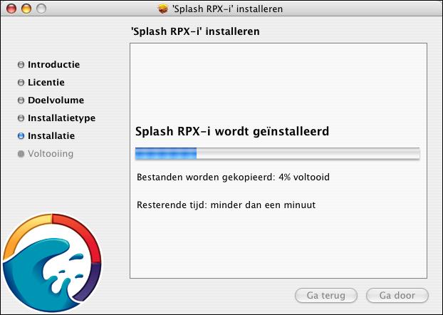 7 Kies de vaste schijf van de Power Mac (standaard Macintosh HD) als het volume waarop de Splash RPX-i zal worden geïnstalleerd en klik op