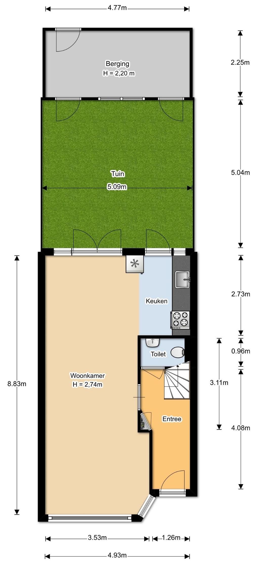 INDELING BEGANE GROND Entree met de meterkast, toegang tot het toilet en de woonkamer en