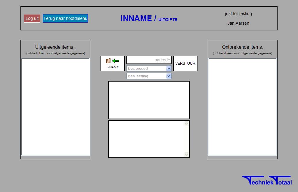 Knop < Inname/Uitgifte > Hiermee komt u bij het programma om de inname en uitgifte van producten te registreren.