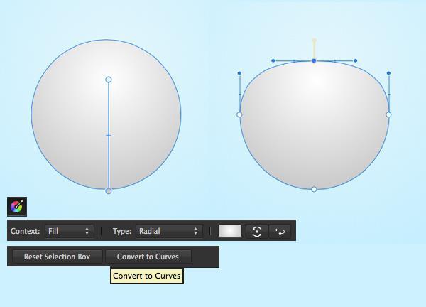 naar lichtgrijs, maken een bolvorm. Vervolgens omzetten in de cirkel curven van de werkbalk hierboven. Nu kunnen we vervormen de vorm met de hulp van het knooppunt Tool (A).