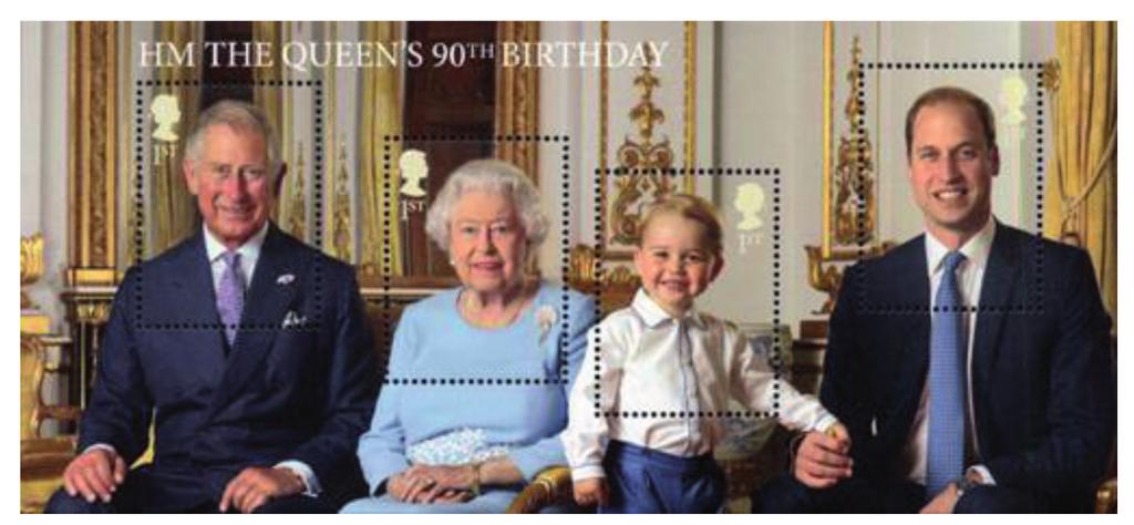 Het hieronder weergegeven velletje toont Koningin Elizabeth II met haar mogelijke troonopvolgers. Het velletje is uitgebracht op 21 april 2016, de 90e verjaardag van Koningin Elizabeth II.