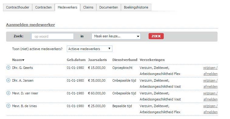 Gegevens medewerker(s) - Om een overzicht van al uw verzekerde medewerkers te zien, klikt u op het tabblad Medewerkers.