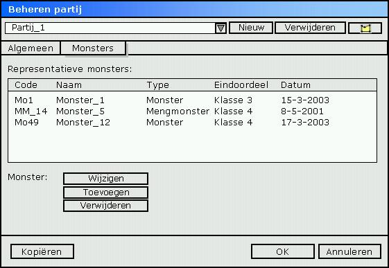 Monsters Code, naam, monstertype, eindoordeel van gerelateerde monsters. Figuur 3-16: Twee schermvoorbeelden voor het beheren van partijgegevens. 3.9.