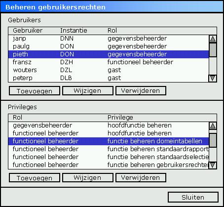 Nadat de functie is gestart wordt een scherm (figuur 3-24) geopend waarin de bestaande gebruikers, hun instantie en hun gebruikersrol worden getoond.