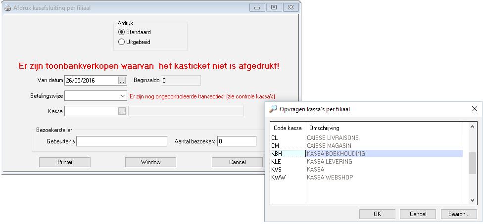 kasafsluiting. Deze afdruk kan op Window of printer gedrukt worden.