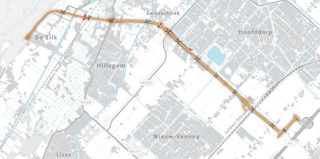 N205-A4 Na de gelijkvloerse kruising met de Deltaweg volgt het tracé het bestaande tracé van de Nieuwe Bennebroekerweg met een gelijkvloerse kruising met De Molenaarslaan.