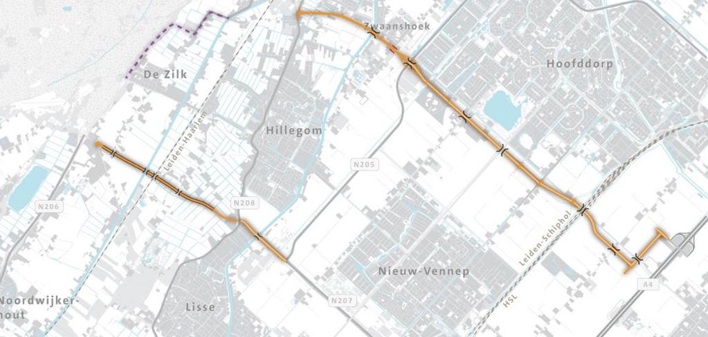 1. Ten zuiden van Hillegom wordt de nieuwe verbinding met twee keer twee rijstroken vanuit Ruigenhoek middels een gelijkvloerse kruising aangesloten op de N208 en vervolgt in oostelijke richting het