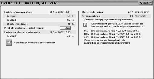 5-6 SYSTEEMDIAGNOSTIEK CONDENSATORREFORMATIE Als één van de volgende parameters (die de stimulatie-output beïnvloeden) opnieuw wordt geprogrammeerd, worden de waarden voor Stroomverbruik en