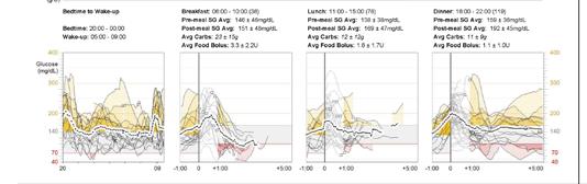 KH-bolus: 3.3 ± 2.2E Gem. KH-bolus: 3.6 ± 1.7E Gem. 12mg/dl KH: 48 ± 22g Gem. KH: Gem. KH-bolus: 6,5 ± 6,2E Gem. KH-bolus: Avondeten: 16:00-22:00 (119) Gem.