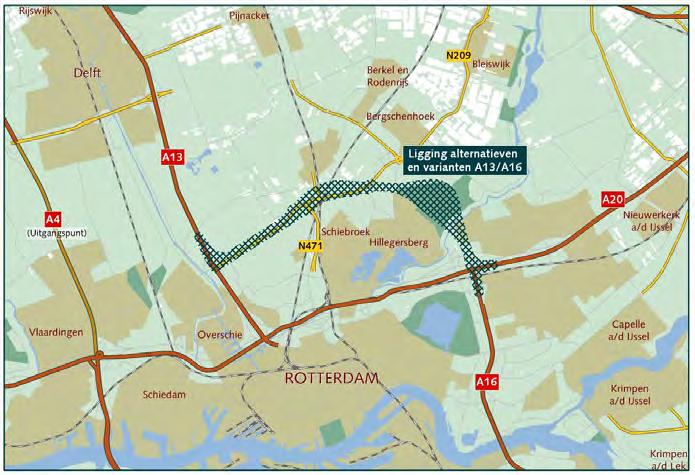 Tracévarianten De tracévarianten van het alternatief Rijksweg 13/16 Rotterdam liggen allen in een smalle bundel juist ten noorden van Rotterdam. (afbeelding 2.1.).