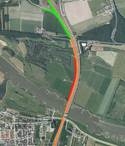 3 wegkenmerken locatie Rijnbrug Kleur Rood Blauw Oranje Groen Betekenis Helling in het wegstuk Uitvoegstrook / Afrit Spitsstrook Invoegstrook /