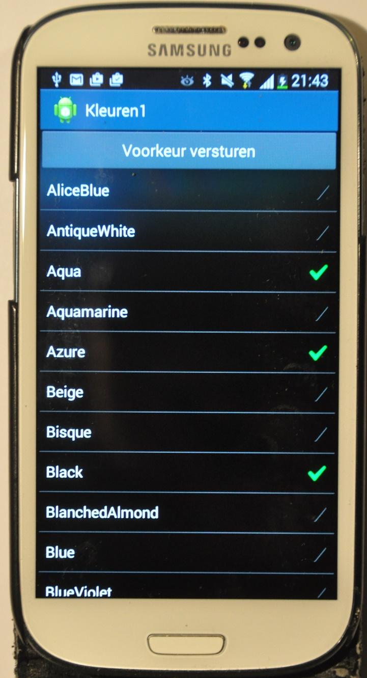 ListView public class KleurenApp : Activity { ListView kleurlijst; ArrayAdapter<string> kleuradp; string[] kleuren = {"rood", "wit", "blauw"; protected override void OnCreate(Bundle b) { base.