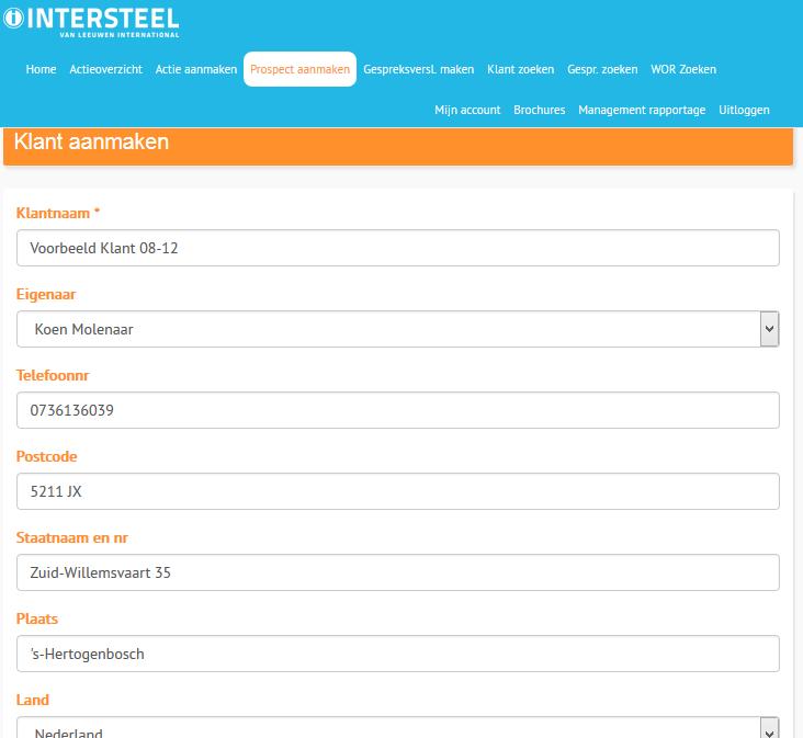Prospect aanmaken Als een klant niet gezocht kan worden kan deze worden aangemaakt.