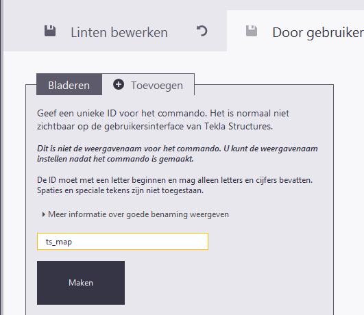 Commando ts map We gaan nu het commando ts map toevoegen. 8. Hiervoor gaan we eerst naar het tabblad Door gebruiker gedefinieerde commando's. 9. Klik op het commando Toevoegen. 10.