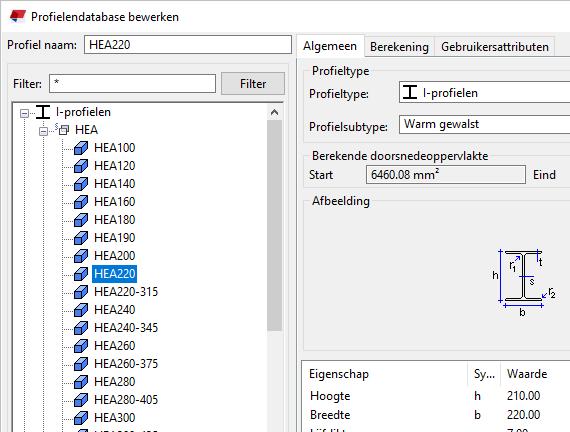 Profiel type Profiel eigenschappen Bijwerken OK De beschikbare typen profieldoorsneden. Het tabblad Algemeen geeft informatie over profieltypen en afmetingen.