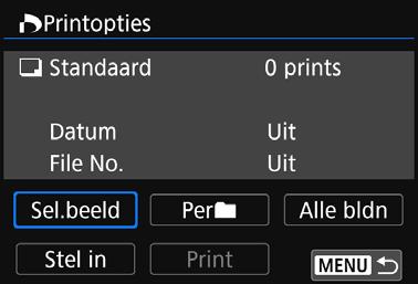 Printen Opties opgeven bij printen U kunt bij het printen de gewenste opties opgeven. 1 2 Druk op <0>. Selecteer [Printopties]. Het scherm [Printopties] wordt weergegeven.