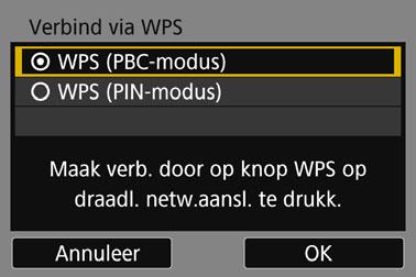 Verbinding maken via WPS (PBC-modus) 6 Selecteer [WPS (PBC-modus)]. Selecteer [OK] en druk op <0> om naar het volgende scherm te gaan. 7 8 Maak verbinding met het toegangspunt.