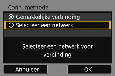 Handmatig verbinding maken met een gedetecteerd netwerk (1) (2) (3) 4 5 Selecteer [Selecteer een netwerk]. Deze optie wordt weergegeven wanneer [q], [D] of [l] is geselecteerd in stap 3.