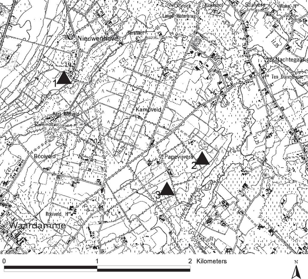 Joris SERGANT, Guy DE MULDER & Mieke VAN DE VIJVER Fig. 1. Lokalisatie van de drie vindplaatsen; 1. Oostkamp Nieuwenhove, 2. Hertsberge Papenvijvers 3, 3. Hertsberge Papenvijvers 4. 3. Oostkamp Nieuwenhove 3.