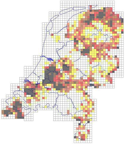 Vergelijking vangsten per km watergang per uurhok In figuren hieronder zijn de muskusratvangsten per km watergang per uurhok te zien.