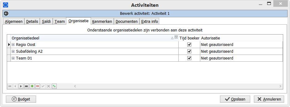 2.1.6. Tabblad Organisatie Op dit tabblad kunt u een groep medewerkers op basis van organisatiedelen selecteren die op deze activiteit mogen boeken.