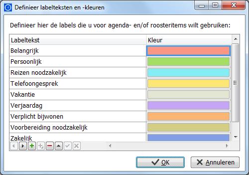 Met Bewerk kunt u eigen agenda labels aanmaken met een eigen tekst en kleur (i.p.v.