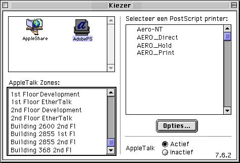 2-2 Afdrukken vanaf Mac OS-computers DE EX7750 SELECTEREN ALS DE ACTIEVE PRINTER 1. Controleer of de EX7750 is aangesloten op het netwerk en is ingeschakeld. 2. Selecteer Kiezer in het Apple-menu. 3.