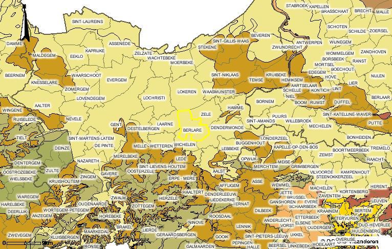 Figuur 18: grondwaterkwetsbaarheidkaart Berlare (Databank Ondergrond Vlaanderen; geel= zeer kwestbaar) De grondwaterkwetsbaarheidskaart is een onderdeel van de databank Ondergrond Vlaanderen en is