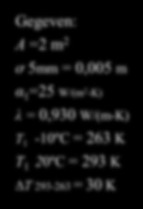 Gegeven: A 2 m2 ơ 5mm 0,005 m α125 W/(m2-K) λ 0,930 W/(m-K) T1-10ºC 263 K T1 20ºC 293 K ΔT 293-263 30 K Gevraagd: Ф? Watt Een ruit van 2,00 m2 is 5,00 mm dik.