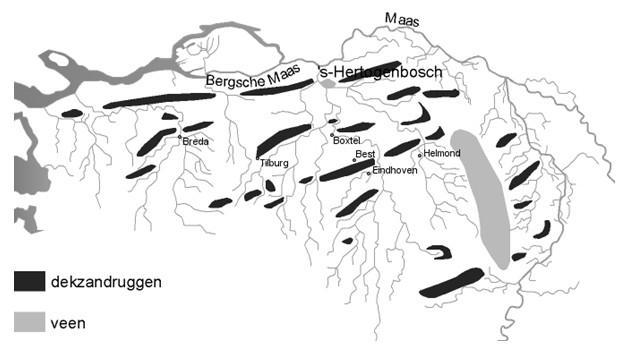 Figuur 2. De verspreiding van de grote dekzandruggen in het Brabantse dekzandgebied. (Berendsen 2005). De rode pijl geeft de ligging van Kaatsheuvel aan. 2.3.
