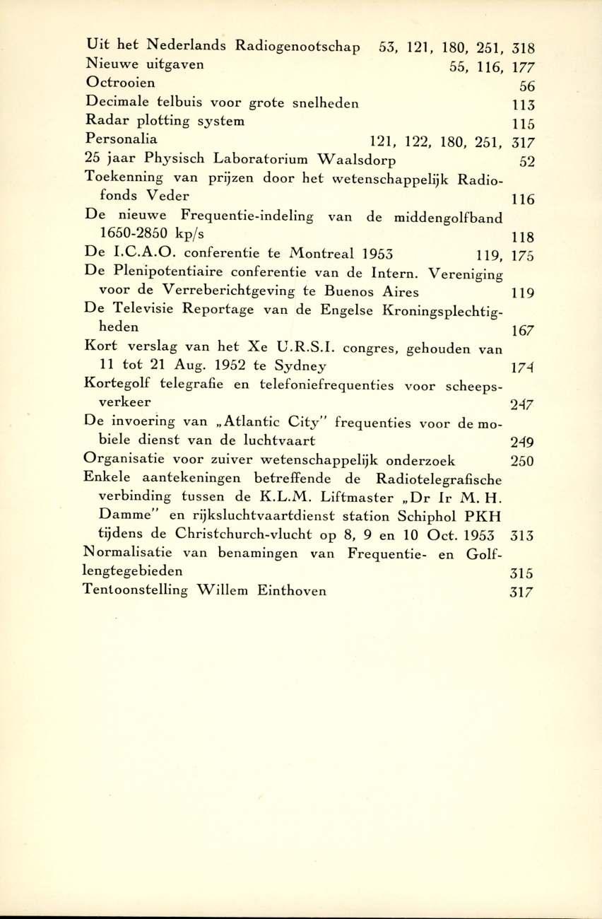 U it h et N ed erlan d s R adiogenootschap 53, 121, 180, 251, 318 N ieuw e uitgaven 55, H 6( 177 O ctrooien 55 Decim ale telbuis voor grote snelheden 113 R a d a r plotting System U 5 P erso n alia