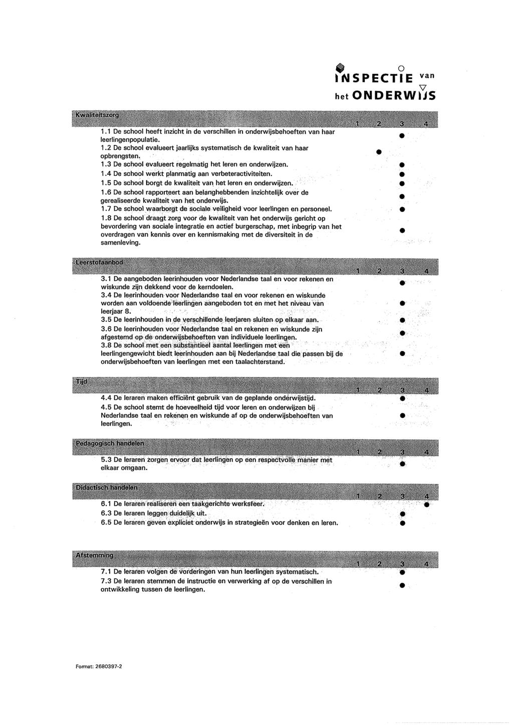 Kwaliteitszorg H o 4 1.1 De school heeft inzicht in de verschillen in onderwijsbehoeften haar leerlingenpopulatie. 1.2 De school evalueert jaarlijks systematisch de kwaliteit haar m opbrengsten. 1.3 De school evalueert regelmatig het leren en onderwijzen.