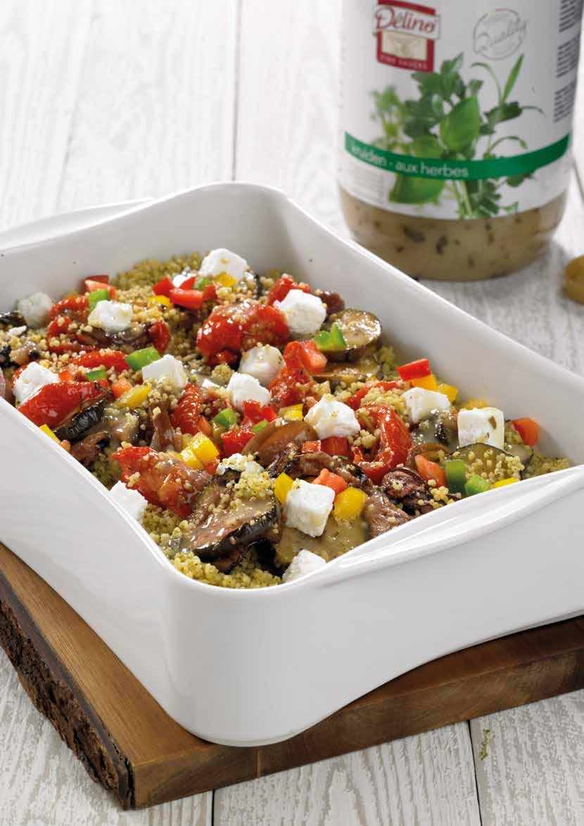 COUSCOUS met gegrilde groenten, fetakaas & Kruidenvinaigrette Delino kruidenvinaigrette, lekker, licht, ideaal voor zomerse koude schotels 200 g gegrilde groenten (diepvries, op olijfolie of verse