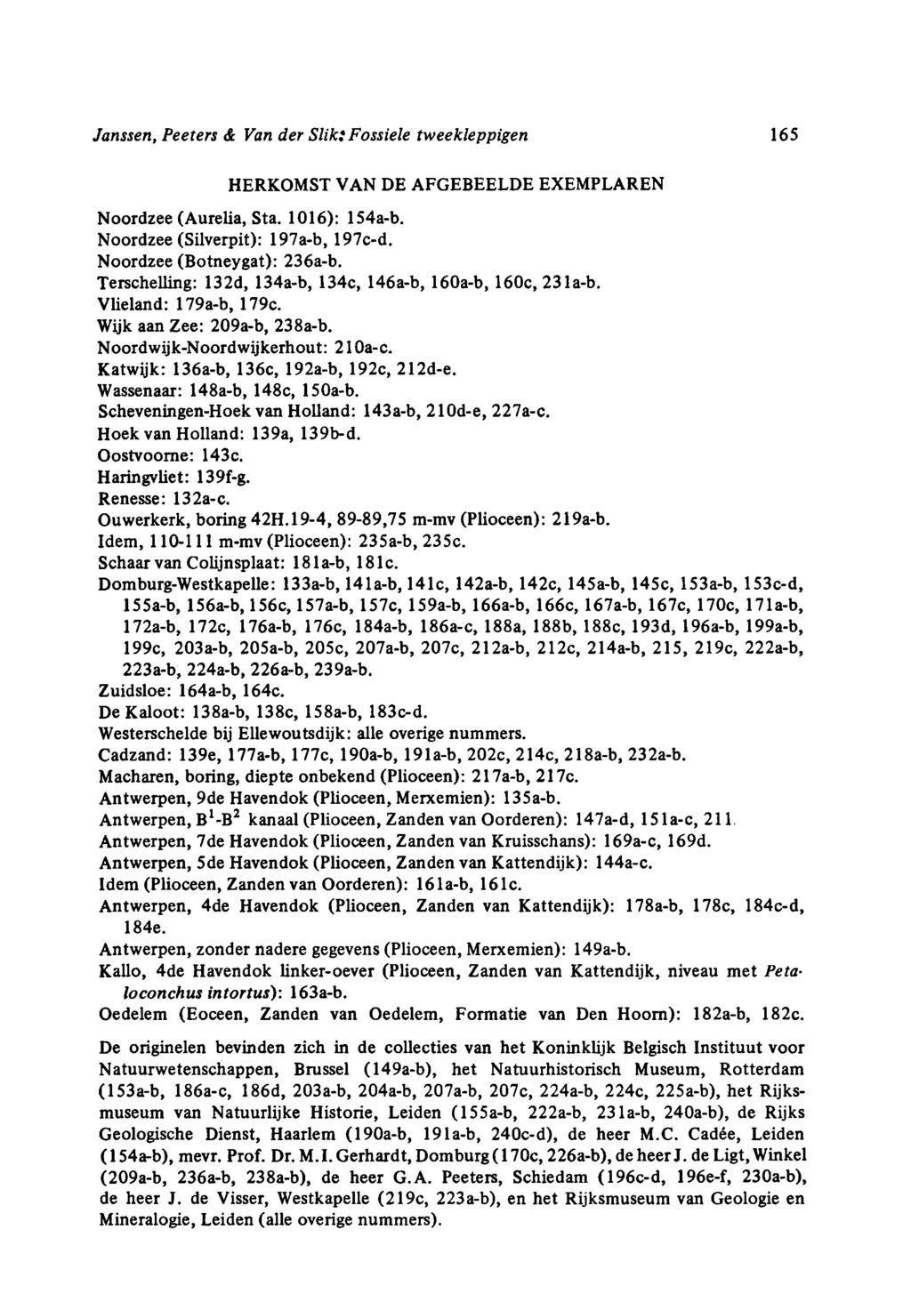 Janssen, Peeters & Van der Slik: Fossiele tweekleppigen 165 HERKOMST VAN DE AFGEBEELDE EXEMPLAREN Noordzee (Aurelia, Sta. 1016): 154ab. Noordzee (Silverpit): 19ab, 19cd. Noordzee (Botneygat): 236ab.
