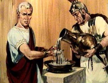Pilatus laat water halen en wast zijn handen.