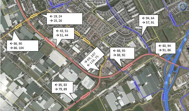 Figuur 3-6 I/C-verhoudingen per wegvak per richting in de ochtendspits (1 e getal na de pijl) en avondspits (2 e getal na de pijl) in de autonome situatie.