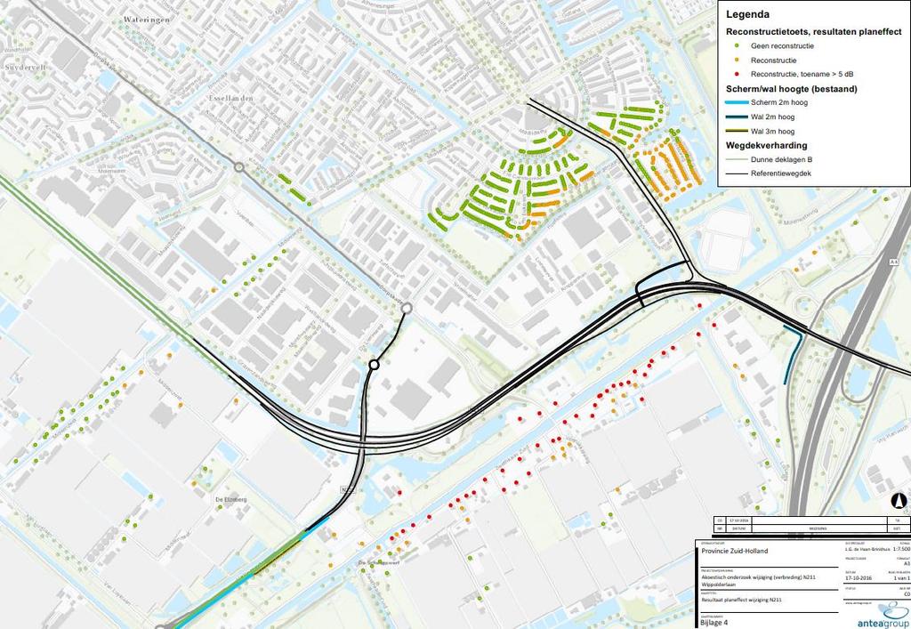 Figuur 4-2: Toename van geluidbelasting na aanpassing van de weg, zonder toepassen van geluidsreducerende maatregelen.