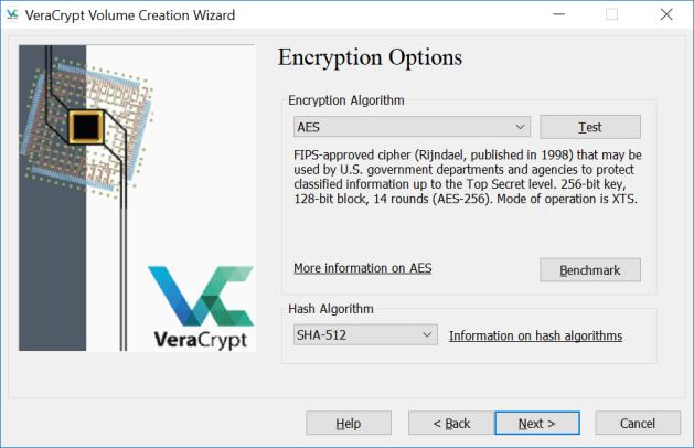 op en ga verder Hier bepaal je het type van Encryptie dat je wil toepassen op je container.