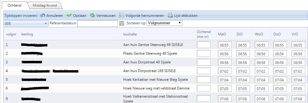 Tijdstippen in serie aanpassen Vervoer Invoer tijdstip per rit busritnr kiezen U hebt een tabblad Ochtend waarbij de leerlingen vanaf volgnr 1 gesorteerd worden en het tabblad middag/avond waarbij de