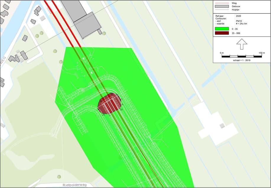 Figuur 12 Resultaten daggemiddelde norm PM 10 oostelijke tunnelmond jaar 2020 1.4.