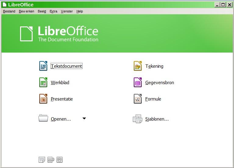 Vanuit het StartCentrum Als LibreOffice geopend is maar er is nog geen document geopend (bijvoorbeeld als u alle geopende documenten sluit maar het programma laat lopen), wordt het StartCentrum