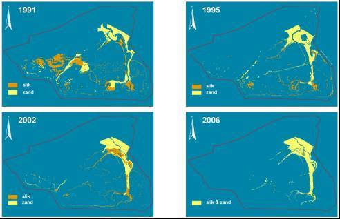 Figuur 15 Evolutie van de onbegroeide slikken en zandplaten in