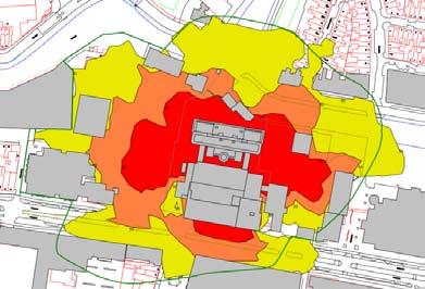 db(a)-contour, maar aan de westen zuidoostzijde duidelijk te krap bemeten is.