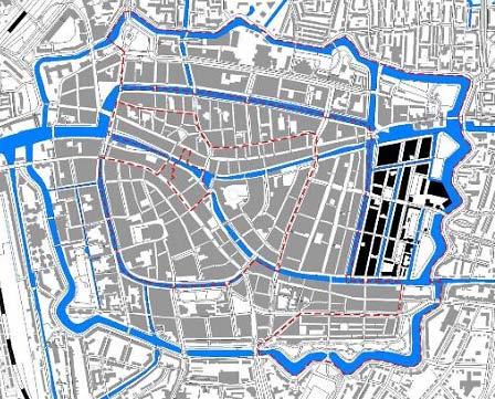 noord-zuidlijnen van grachten en straten met aan de oostzijde de groene singel. Zeer opvallend is de landmark van de Meelfabriek, een industrieel ensemble.